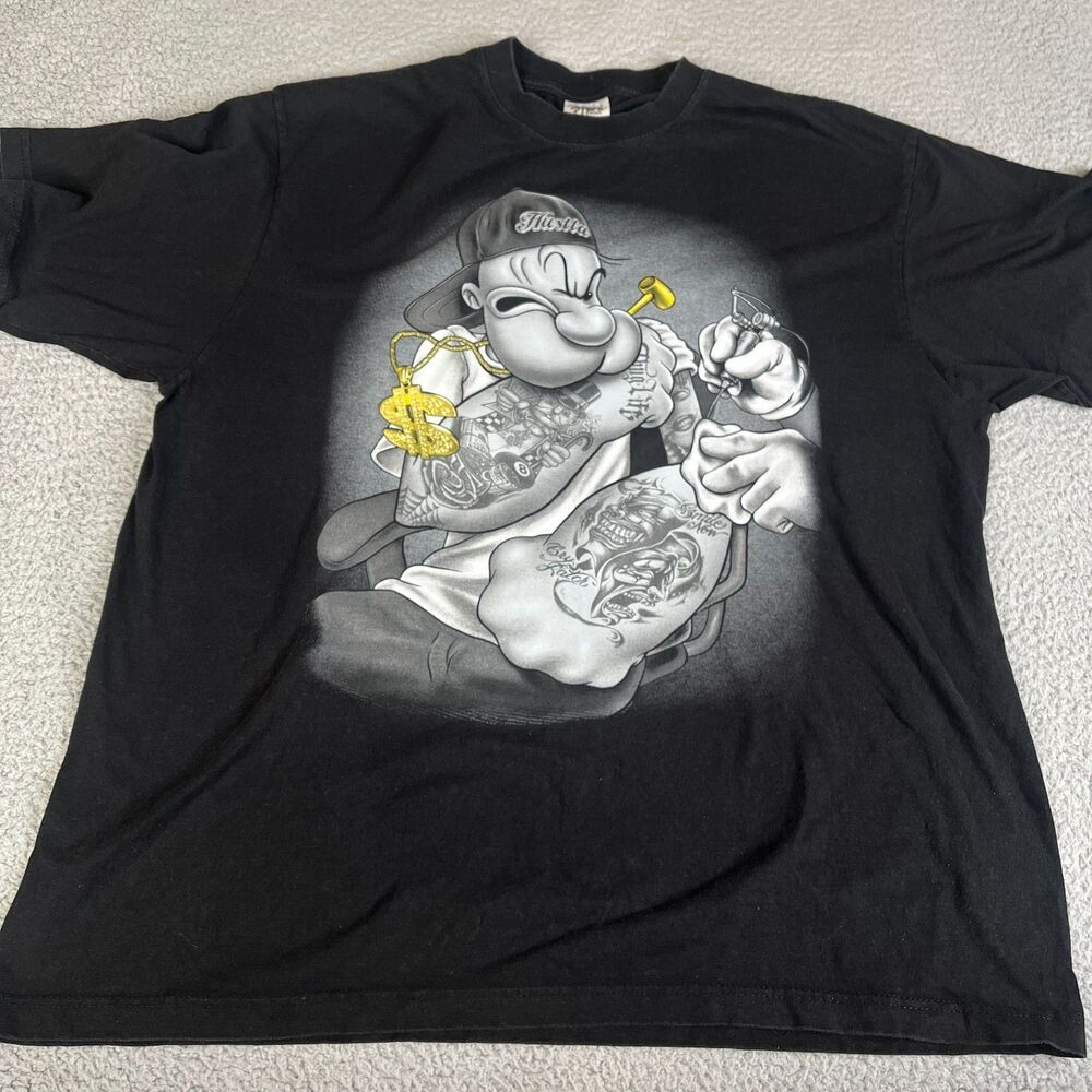 VINTAGE TATOO POPEYE  T Shirt 2XL Black Y2K Bling Punk Emo Goth Grunge Gangster